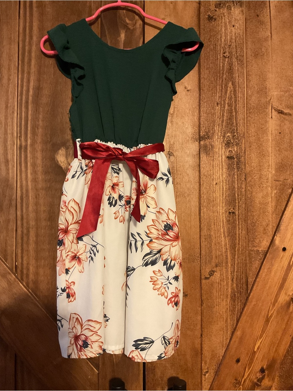 Girls Green & Cream Floral Ruffle-Sleeve Party Dress with Red Sash